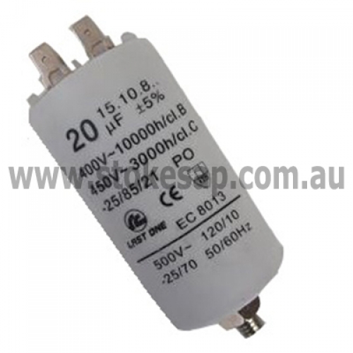 UNIVERSAL MOTOR RUN CAPACITOR 20UF 450V 2 PIN ROUND TYPE - Click for more info